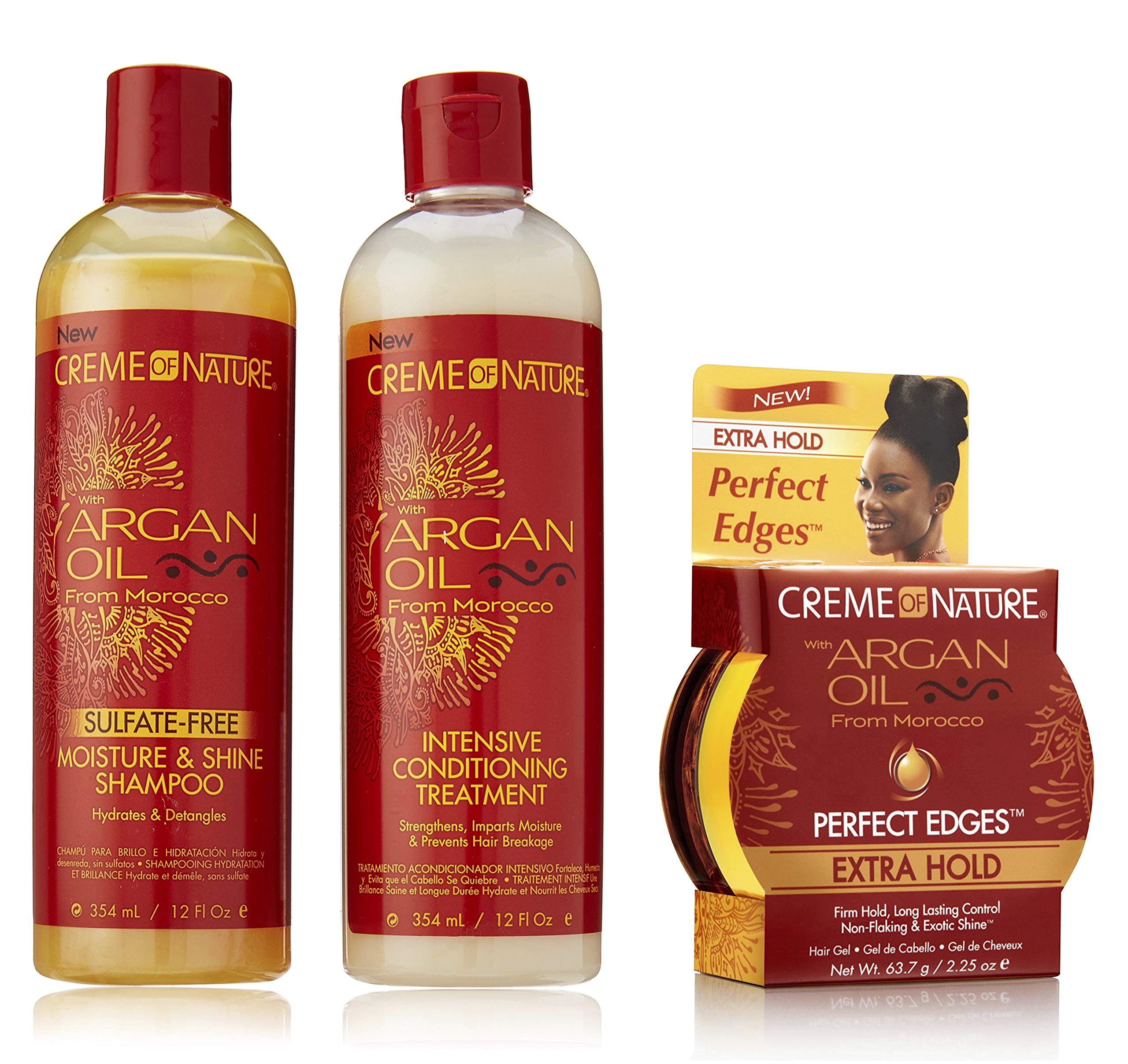 Crème Of Nature Argan Oil from Morocco Shampoo & Conditioner Set 12oz BUNDLE with Perfect Edges Extra Hold 2.25oz