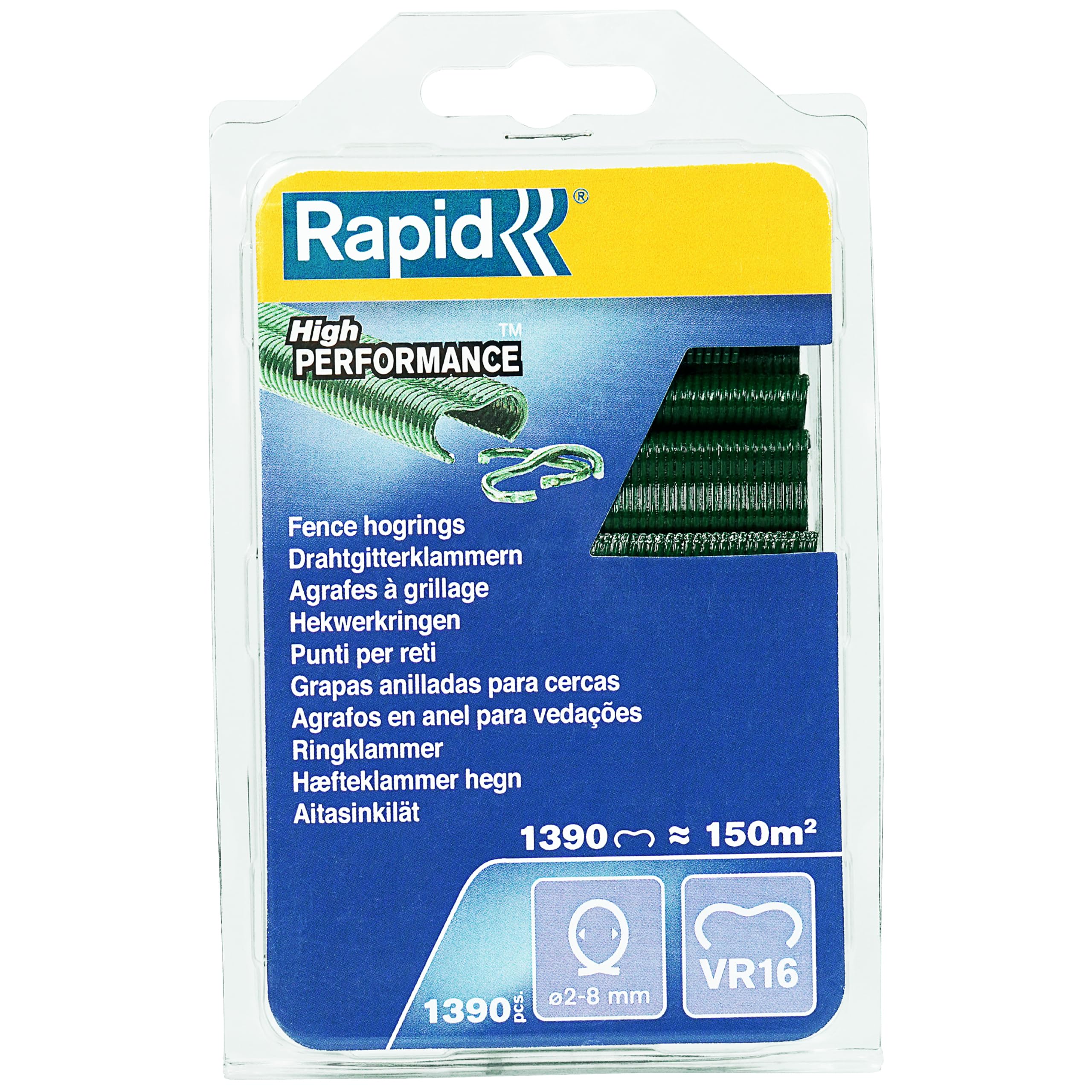 Rapid VR16 Galvanized Fence Hogrings with Green PET Coating, Suitable for 2-8 mm Netting Wire, Ideal for Securing Cages and Fencing, 1390 Pieces, Blister (40108800)