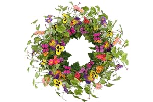 KORSMV 20 inches Artificial Spring Summer Wreath with butterfly yellow pansy Flower daisy and ivy Leaves for Front Door Indoor Outdoor home Farmhouse Porch Wall Holiday Decoration