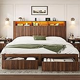 CypBed King Size Bed Frame and Headboard &amp; 2 Storage Drawers, Walnut | Farmhouse Wavy Platform Bed with Charging Station &amp; LED Lights, Heavy-Duty Metal Slats, Noise-Free, No Box Spring Needed