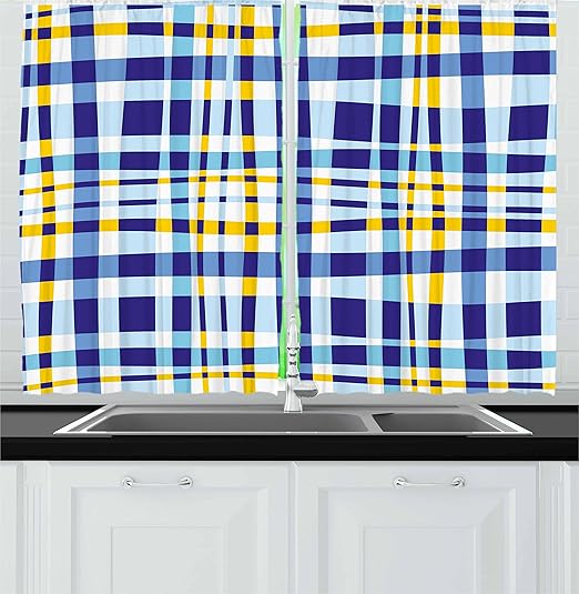 Amazon Com Ambesonne Yellow And Blue Kitchen Curtains Retro