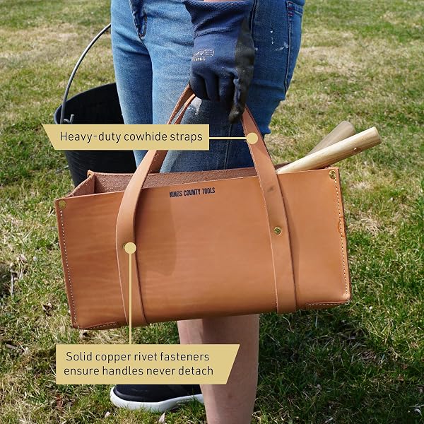KINGS COUNTY TOOLS BUFFALO LEATHER TOOL TOTE BAG | LARGE STORAGE CAPACITY | EASY TO ACCESS & TRANSPORT | HEAVY-DUTY COWHIDE CARRYING STRAPS | 1/8” THICK HIDE | SEWN IN AMERICA