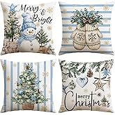 OTOSTAR Merry Christmas Throw Pillow Covers 16x16 Inch Set of 4, Xmas Trees Merry & Bright Snowman Gloves Striped Blue Decorative Pillow Cases Winter Holiday Cushion Covers for Sofa Couch