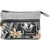 GUXL Women Small Zipper Coin Purse, Handmade Fabric Flower Embroidered Change Pouch, Cotton Double Zipper Wallet