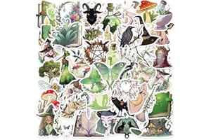 Green Forest Witch Stickers Pack – 50PCS Aesthetic Witchcraft Nature Cottagecore Mystical Waterproof Vinyl Decals for Laptops