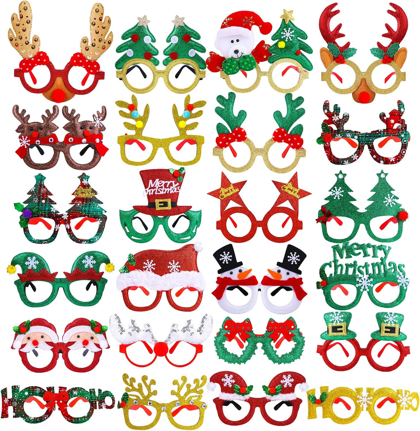 ANECO 24 Pack Christmas Costume Accessory Glasses Frames Christmas Glitter Party Glasses Ornaments Santa Snowman Glasses Creative Funny Eyewear for Christmas Party