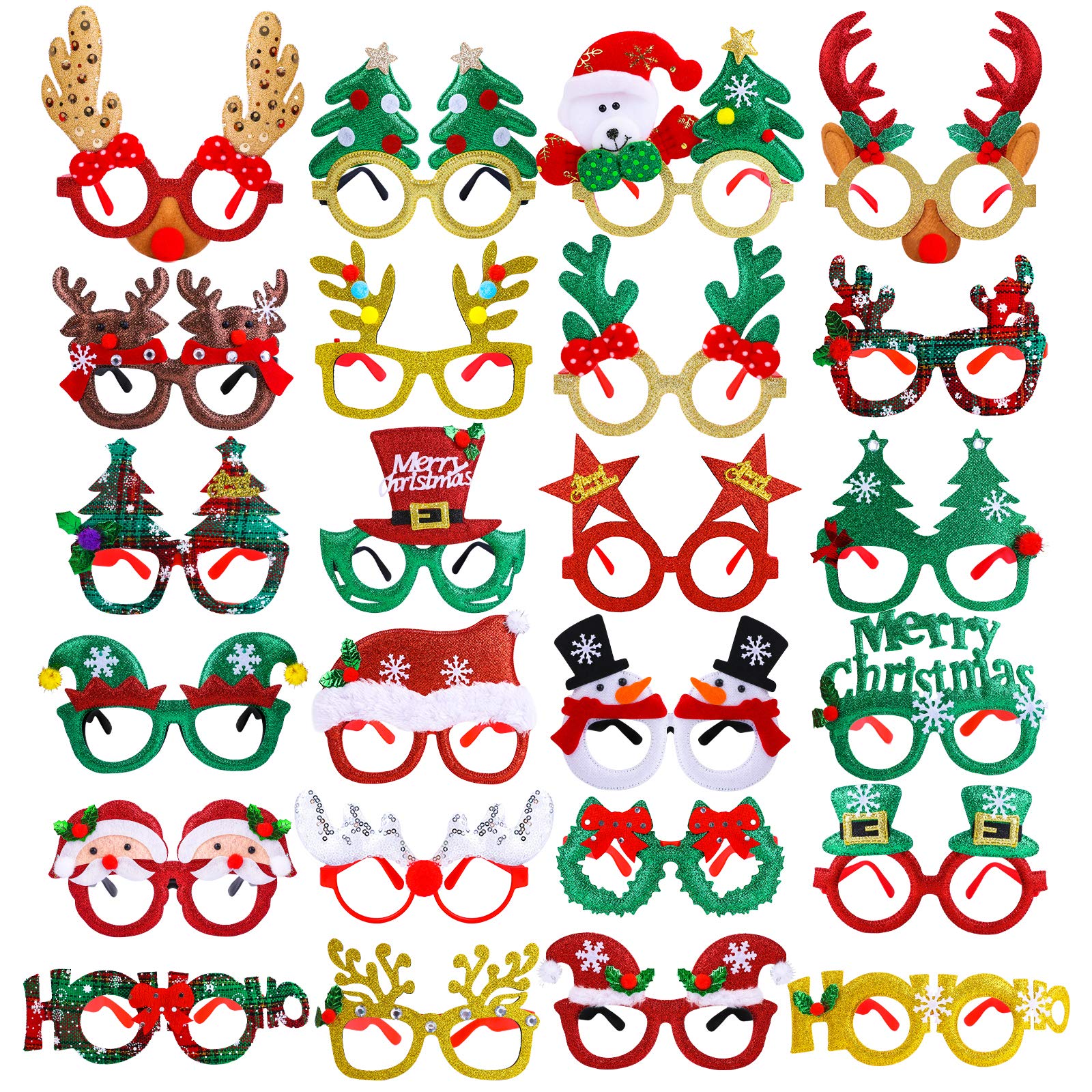 ANECO 24 Pack Christmas Costume Accessory Glasses Frames Christmas Glitter Party Glasses Ornaments Santa Snowman Glasses Creative Funny Eyewear for Christmas Party