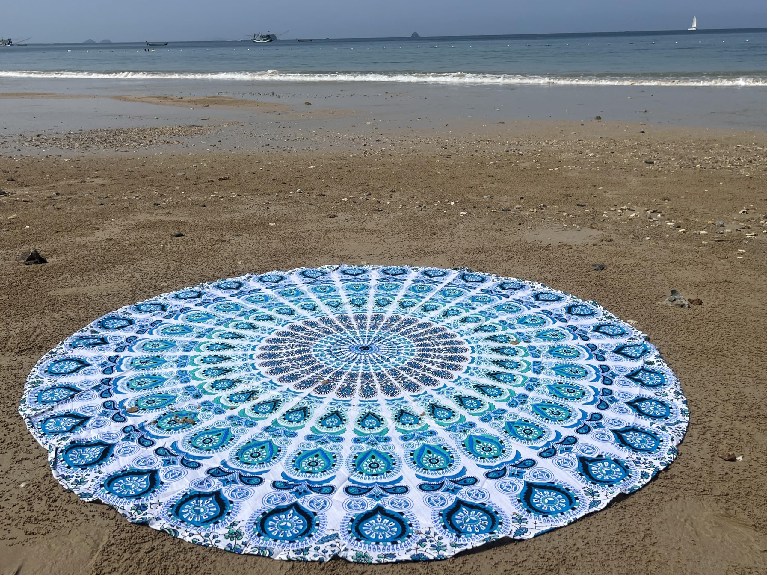 raajsee White Blue Round Beach Tapestry Hippie/Boho Beach Blanket Mandala/Indian Cotton Throw - Round Tablecloth/Home Decor/Indie Rug Yoga Mat Meditation Picnic Rugs 127 CM / 50 INCHE Circle
