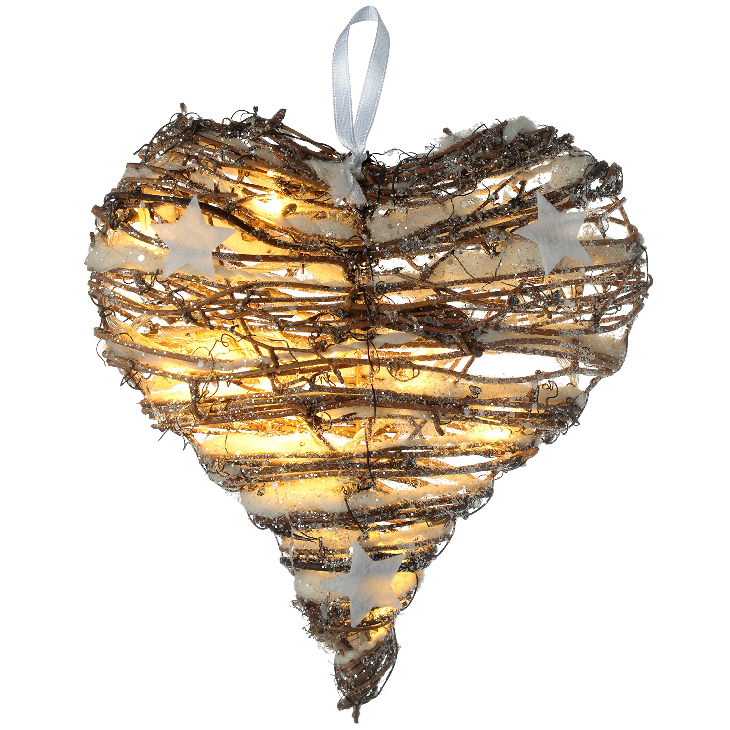 WeRChristmas Pre-Lit Rattan Warm White LED Heart with Snow and Stars Christmas Decoration, 20 cm - Multi-Colour