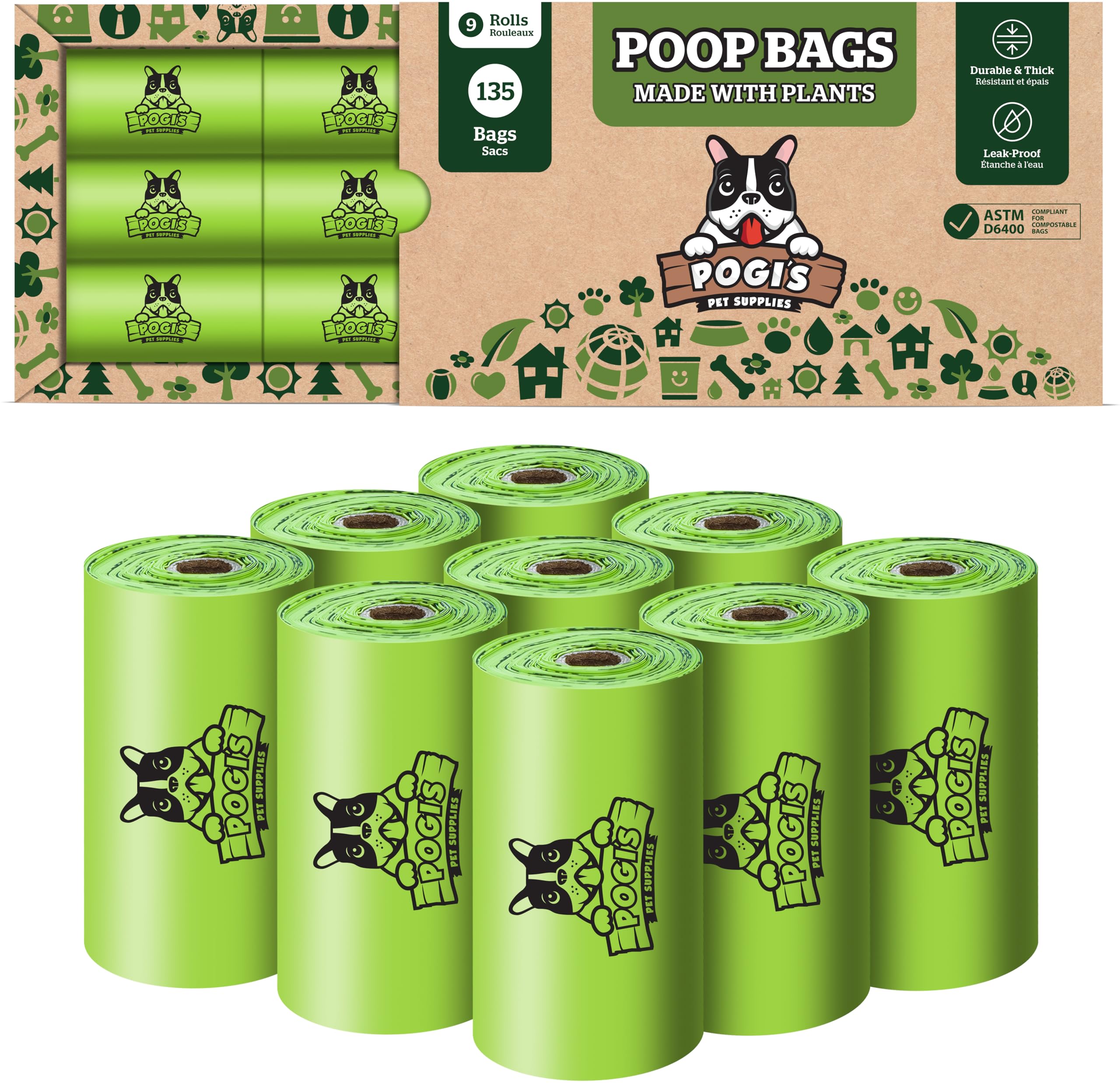 Pogi's Compostable Dog Poo Bags – Leak-Proof, Extra-Large, Made with Plants – 9 Rolls (135 Bags)