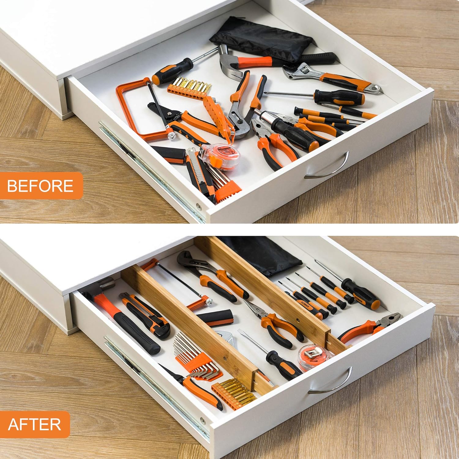 6 Pack Bamboo Drawer Dividers, Spring Loaded Adjustable Drawer Separators (2.1" High, 17.5"-21.65"), Perfect Expandable Wooden Drawer Dividers for Kitchen, Bedroom, Bathroom, Dresser & Office: Home & Kitchen