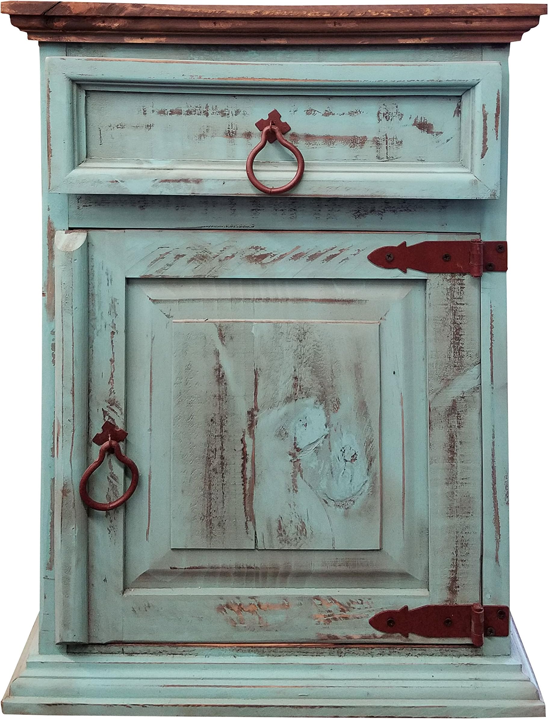 Handscrape Rustic Western Country Nightstand End Table Already Assembled (Right Hinged, Aqua)