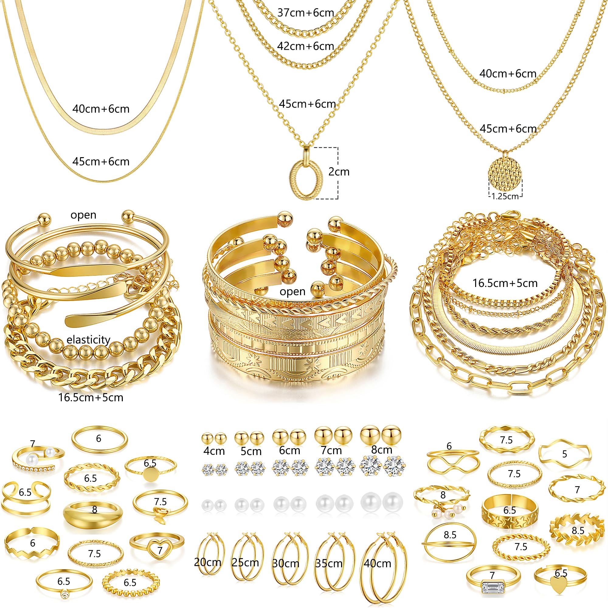 FAXHION 68 Pcs Gold Jewelry Set for Women with 7 Necklace, 17 Bracelet, 5 Hoop Earrings, 15 Stud Earrings, 24 Knuckle Rings for Women Jewelry Set for Women