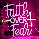 Gyaksjm Faith Over Fear Neon Sign for Wall Decor Jesus Neon Light Warm White Cross Neon Light Sign Letter LED Neon Light for Christian Religious Motivation Bedroom Wedding Church Decor