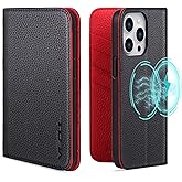VISOUL Pebbled Genuine Leather Case for iPhone 15 Pro Max Wallet Case with Card Holder Kickstand Magnetic Flip Folio Cover for iPhone 15 Pro Max (6.7 inch)-Black+Red