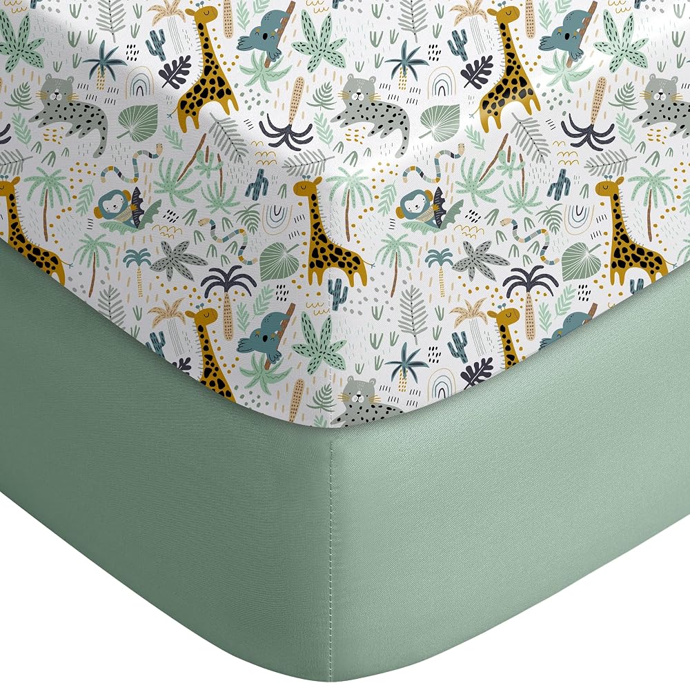 Yoofoss 2-Pack Pack and Play Sheets Fitted 38x26 (Green+Giraff) | Ultra Soft & Breathable, Mini Crib Sheets for Playard and P