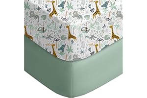 Yoofoss Pack and Play Sheets Fitted, Mini Crib Sheets 2-Pack for Pack N Play Mattress, Stretchy Playard Sheet, Soft and Breathable Green+Giraff