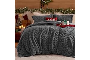 Bedsure Fluffy Flannel Duvet Cover Set for Christmas - Faux Fur Comforter Cover Queen Size, Dark Grey Warm Plush Bedding for Winter, 3-Piece Set with Zipper Closure (90"x90") and 2 Pillow Shams
