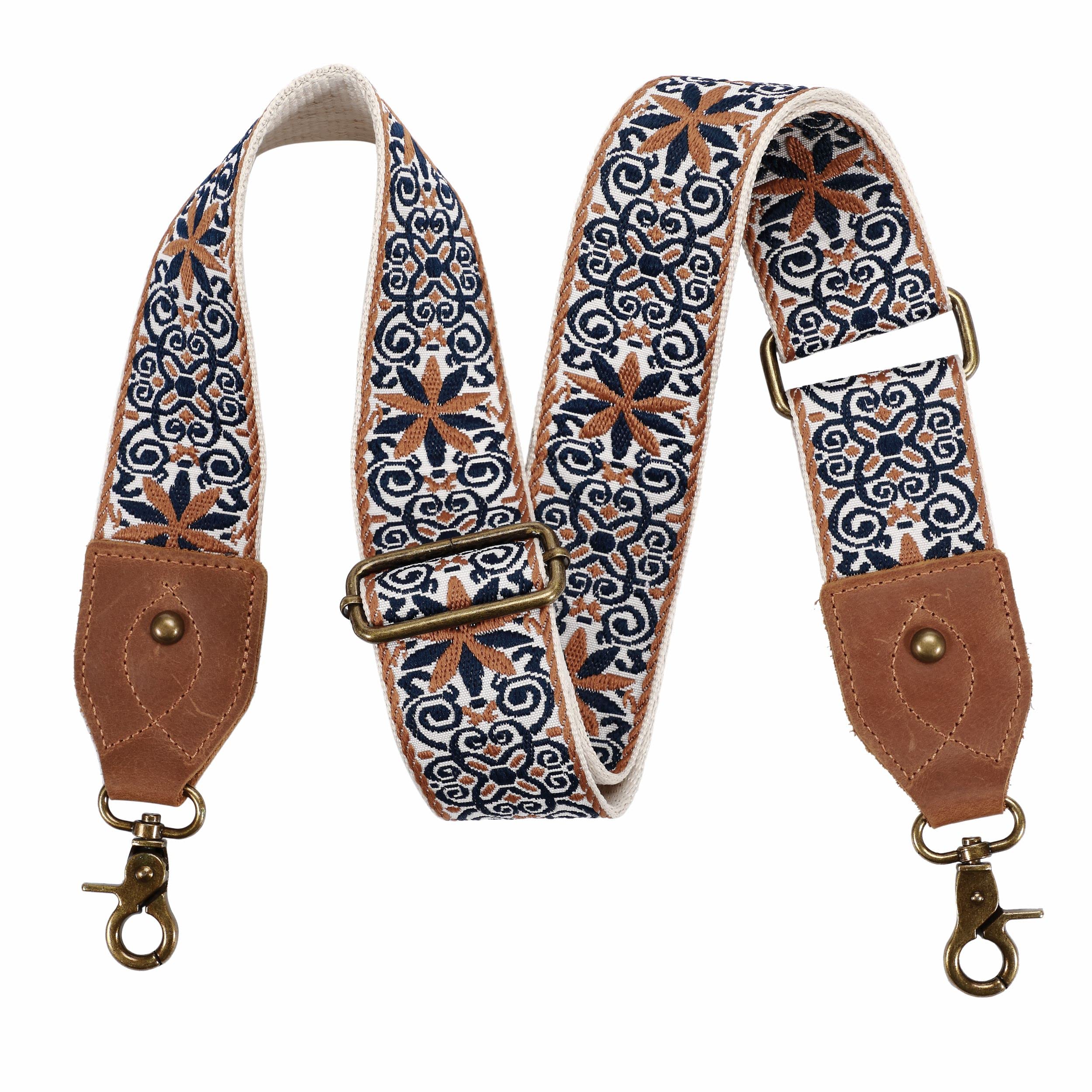 Bag Strap-2"Wide Crazy Horse Leather Head Purse Strap Adjustable Replacement,Retro Jacquard Embroidery Multi-pattern Crossbody Shoulder Straps for Handbag,Crossbody Bags,Shoulder Bags(Blue flower)