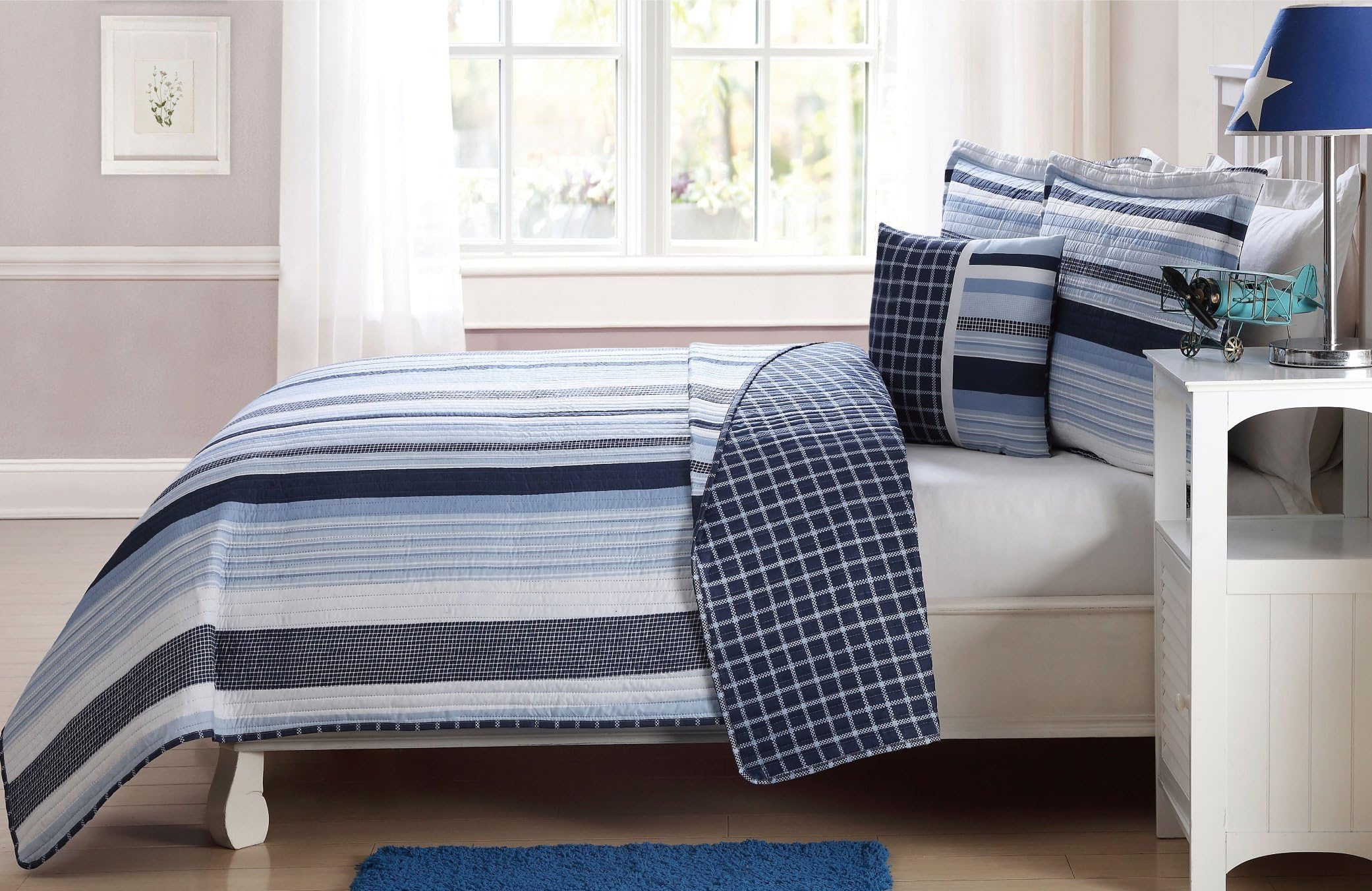 Elegant Home Multicolor Navy Light Blue White Elegant Striped Stripes Design Printed Reversible Colorful 4 Piece Quilt Bedspread Bedding Set with Decorative Pillow for Kids/Boys (Full)