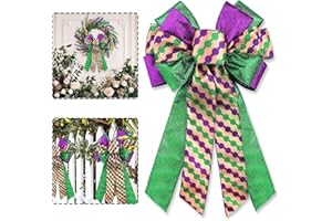 Habbiful Large Mardi Gras Bow for Wreath, Mardi Gras Wreath Bow Fat Tuesday Bow for Front Door Glitter Green Purple Bow New Orleans Tree Topper Bow for Mardi Gras Carnival Decoration