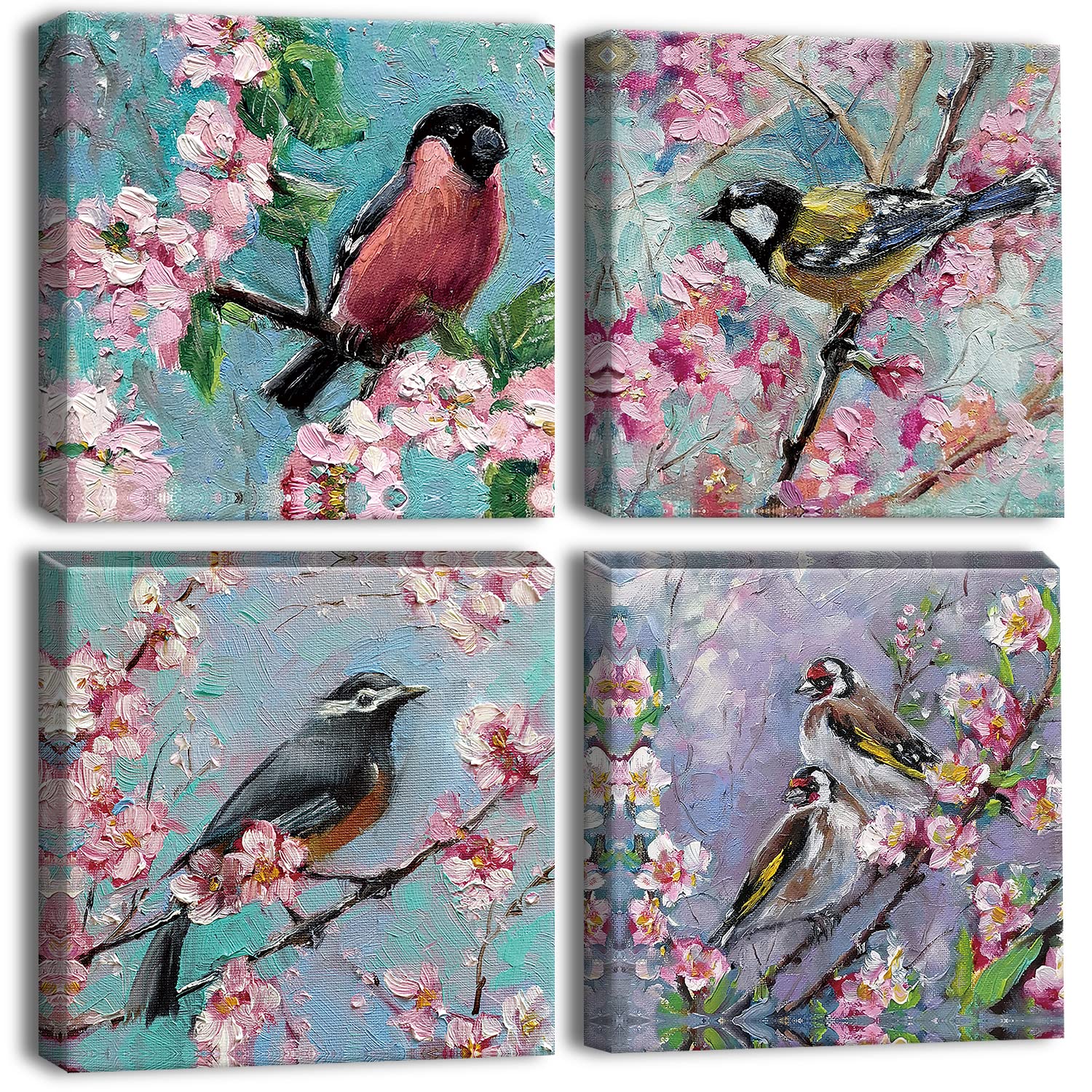Artscope 4 Pieces Wall Art Canvas Prints - Oil Painting Flowers and Birds Picture Painting - Modern Wall Artwork Framed for Gifts Bathroom Home Kitchen Office Decor - 30 x 30 CM
