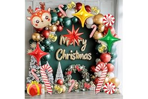 D-FOKES 149 PCS Christmas Balloon Garland Arch Kit, Classic Red Green Gold White Latex Christmas Balloons with Gift Box Red Star Candy Cane Foil Balloons