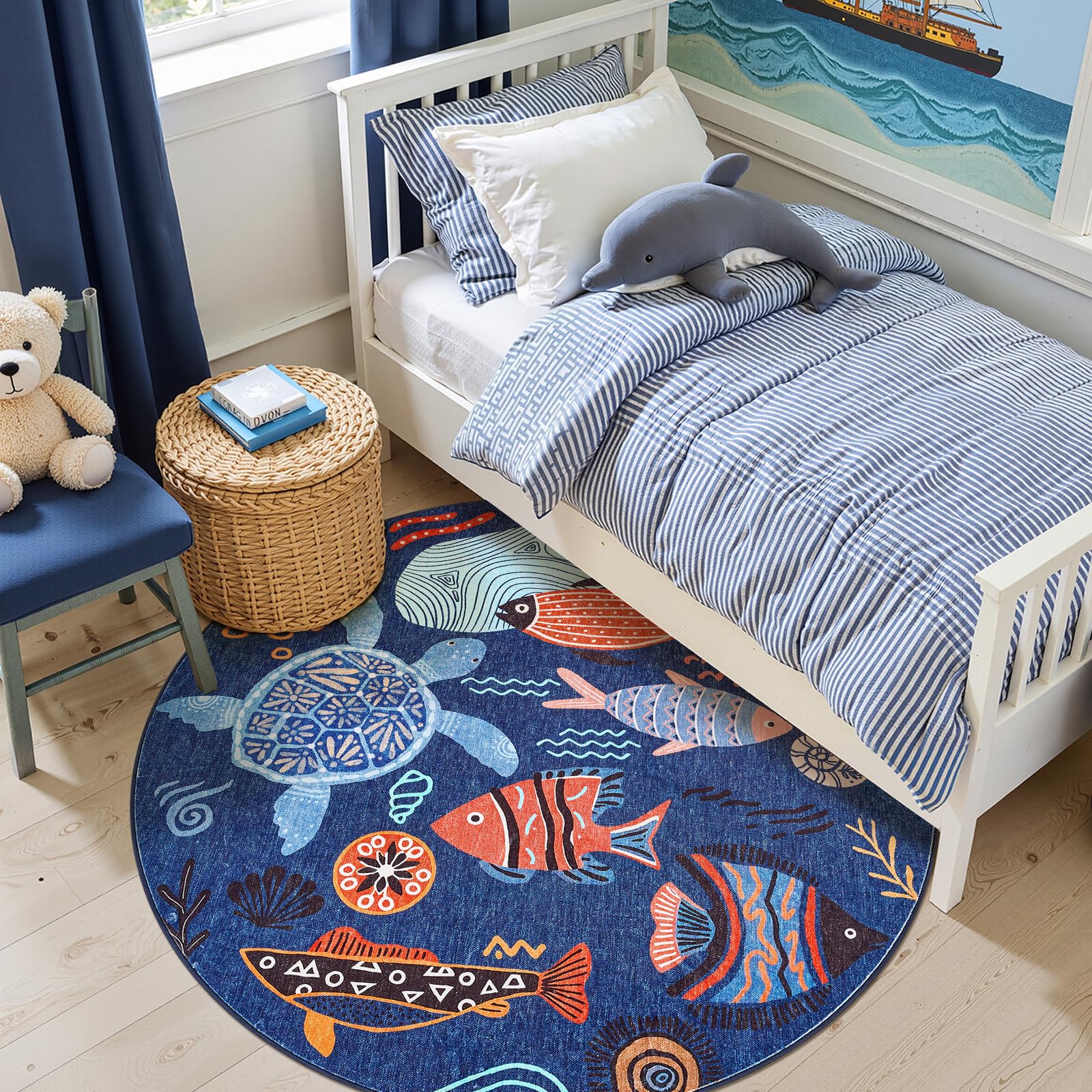 Condition photo showing As Is for jinchan 4ft coastal round rug kids washable fun rug colorful ocean fish small mat non slip 4' round 
