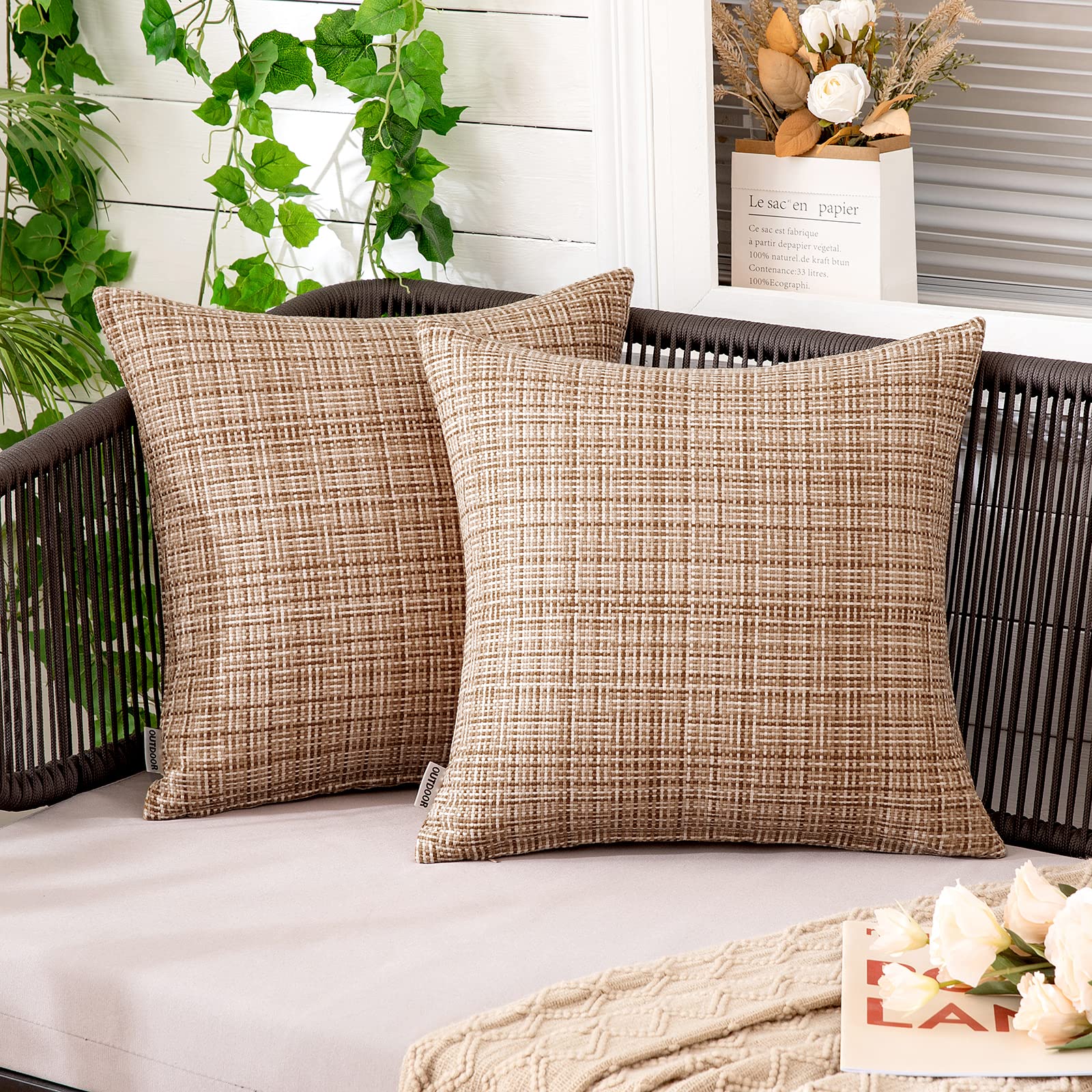 Photo 1 of MIULEE Outdoor Waterproof Throw Pillow Covers Decorative Farmhouse Water Resistant Cushion Covers for Tent Patio Garden Couch Sofa Pack of 2, 18x18 Inch Beige