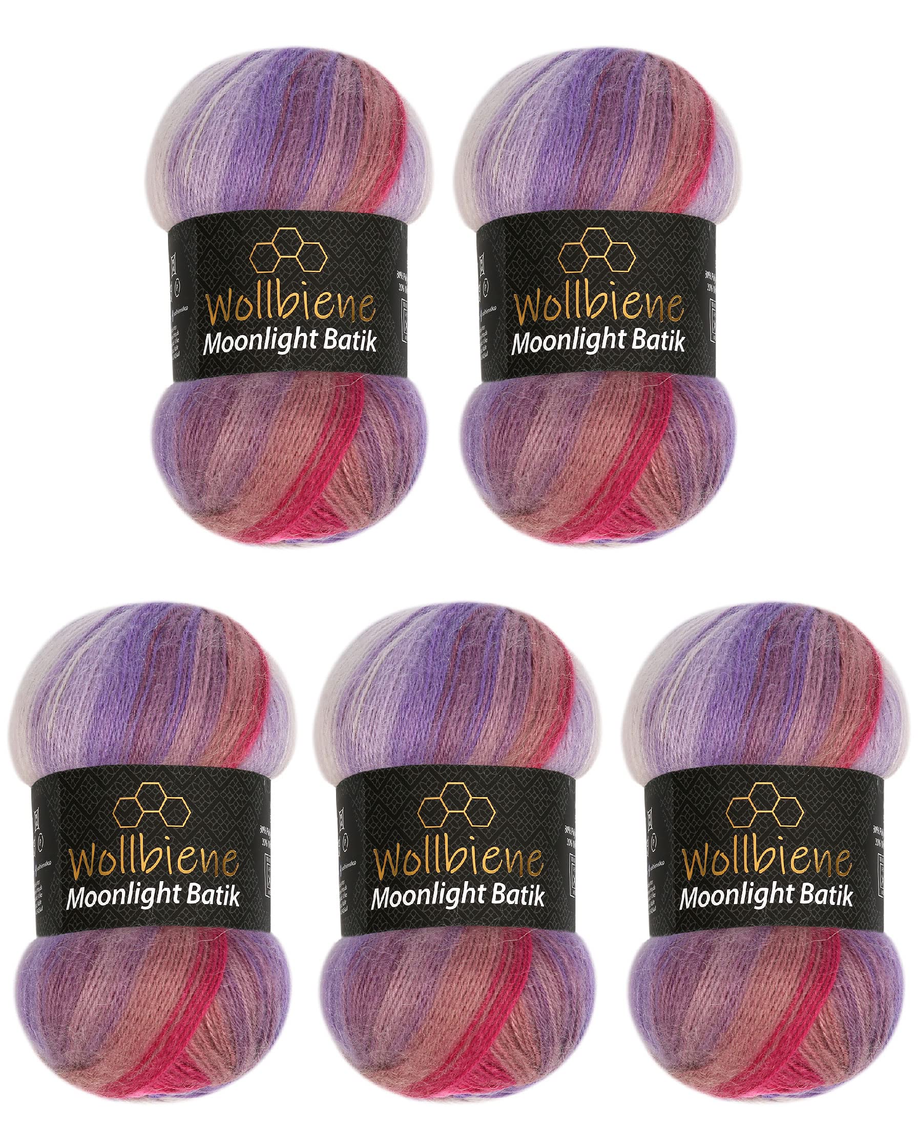 Wollbiene Moonlight Batik 5 x 100g Gradient Wool for Knitting and Crocheting - 500g Turkish Wool (Purple Red Pink)