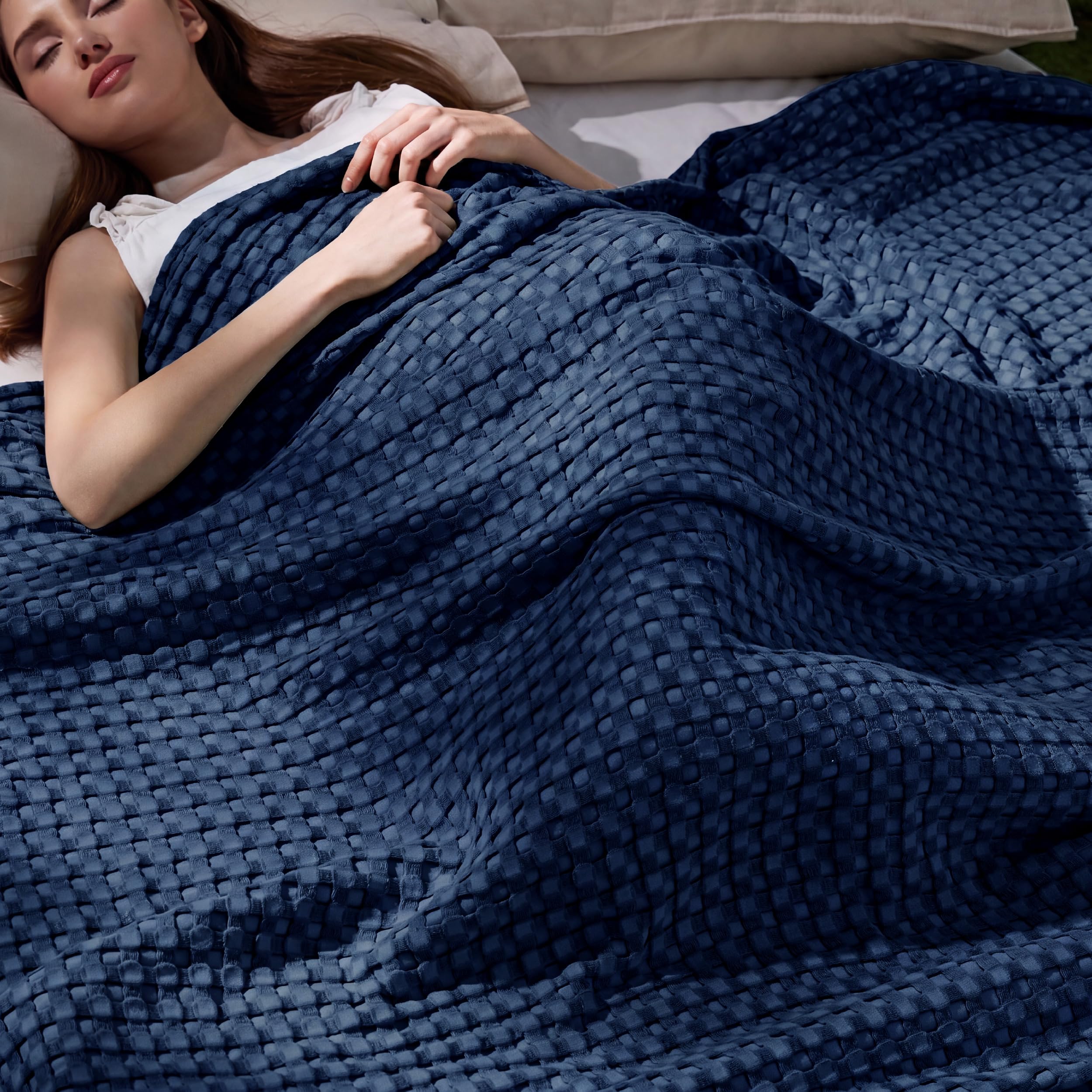 Bedsure Cooling Cotton Waffle Queen Size Blanket - Lightweight Breathable Summer Blanket of Rayon Derived from Bamboo for Hot Sleepers, Luxury Throws for Bed, Couch and Sofa, Navy, 90x90 Inches