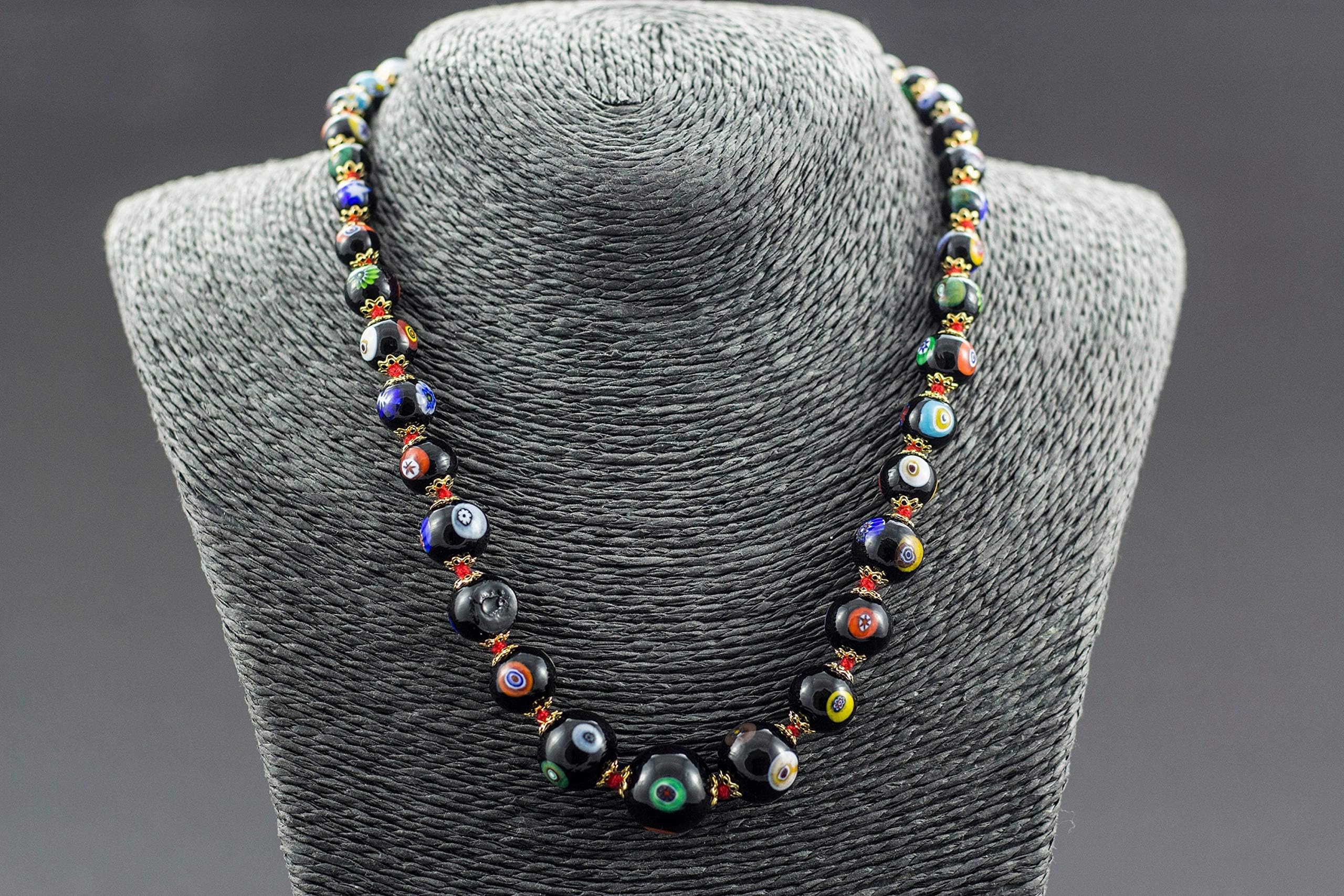 Original Murano Glass Graduated Necklace Millefiori Style Handmade In Italy Jewelry Black Glass Beads Hand Blown Glass