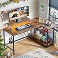 Bestier 58 L Shaped Desk with Power Outlets,Home Office Corner Desk with Reversible Shelves & LED Lights - Modern Simple Writing Study Desk for Small Space,Rustic Brown