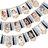 pinkblume 1st Birthday Burlap Photo Banner Garland Handmade Felt from Newborn to 12 Months with Dusty Blue Gray Ribbon for Baby Boy Girl Monthly Milestones First Birthday Party Decoration Supplies
