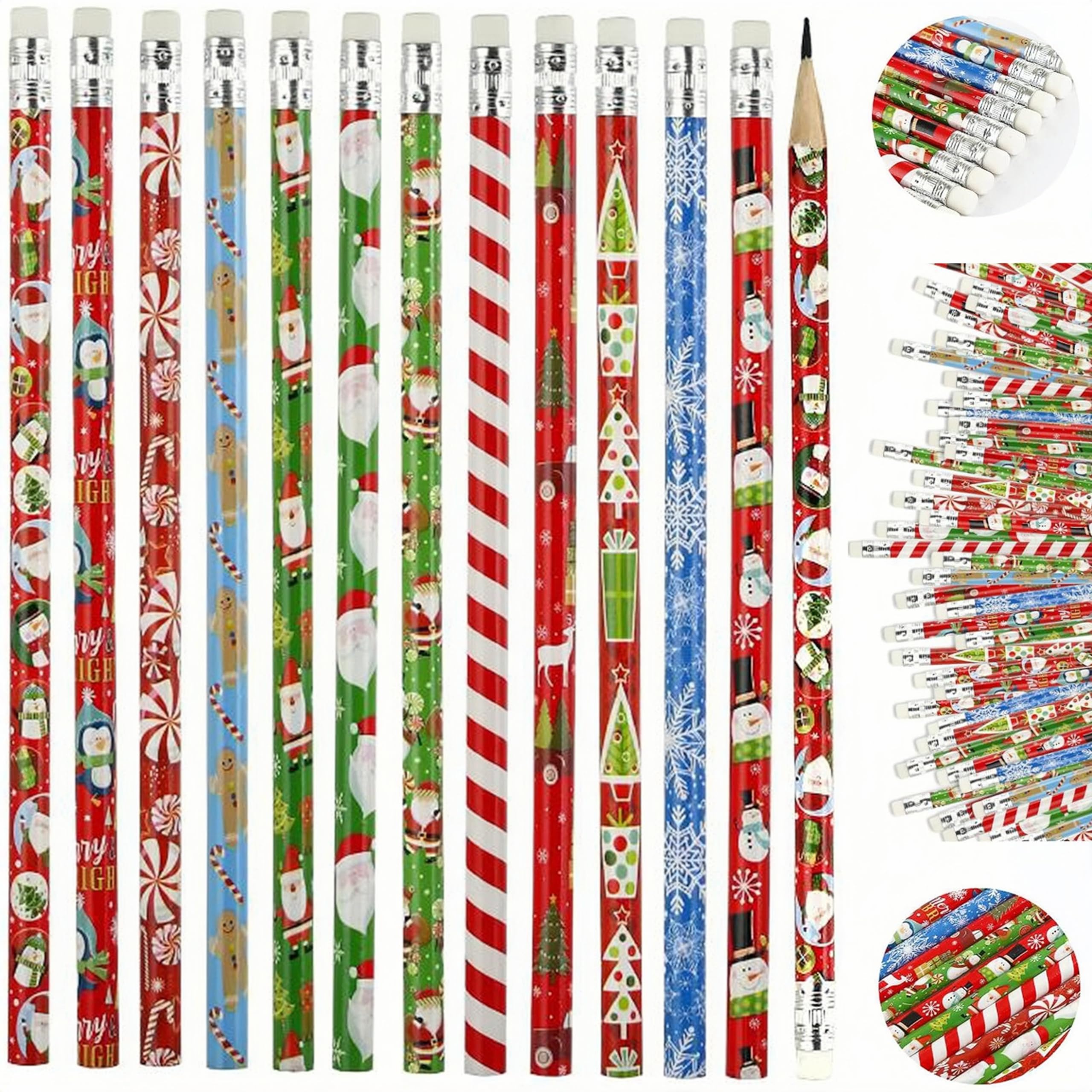 48 Set Festive Pencil Set, Bulk Pencil with Christmas Erasers, Incentive Gift Themed Pencil Set, for Kids Christmas Class Gifts, Xmas Eve Box Fillers