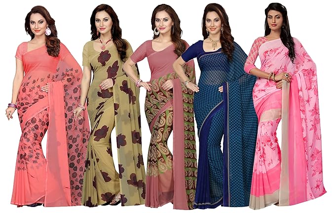 georgette with blouse piece Saree (Pack of 5)