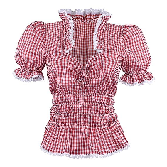 By Johanna Trachtenbluse Damen Trachten Blusen Rüschenbluse Dirndlbluse Trachtenmieder Kariert Rot Weiß Kurzarm Oktoberfest F