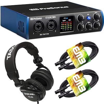 PreSonus Studio 24C 2x2, 192 kHz, USB-C Audio Interface, 2 Mic Pres-2 Line Outs  Mixing Headphone with Pair of EMB XLR Cable Bundle