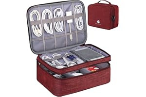 ORIENT FAMULAY Travel Electronics Organizer, Waterproof Cable Organizer Bag for Electronic Accessories Double Layer Large Shockproof Cable Storage Bag for Cord, Power Bank, Tablet(Up to iPad 11 inch) - Wine Red