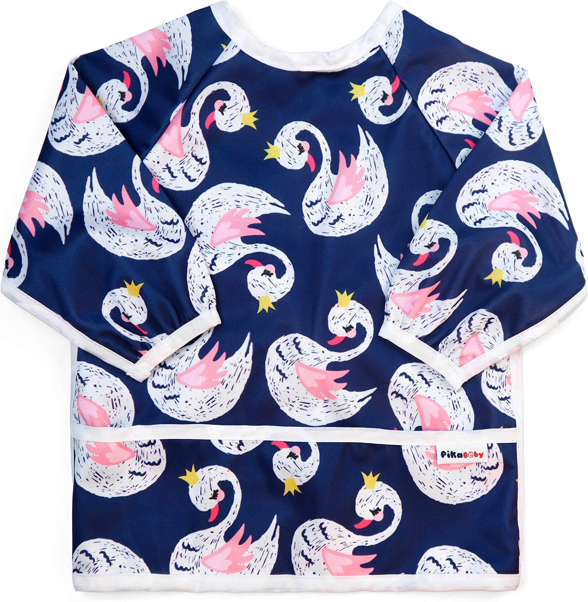 Pikababy Long Sleeved Bib | Easy-Wear & Take-off Bibs with Pocket | Washable Easy-Clean Bibs | Waterproof Baby Bibs | Stain & Odor Resistant Smock | Baby Boy Girl | 6-24 Months (Swan)
