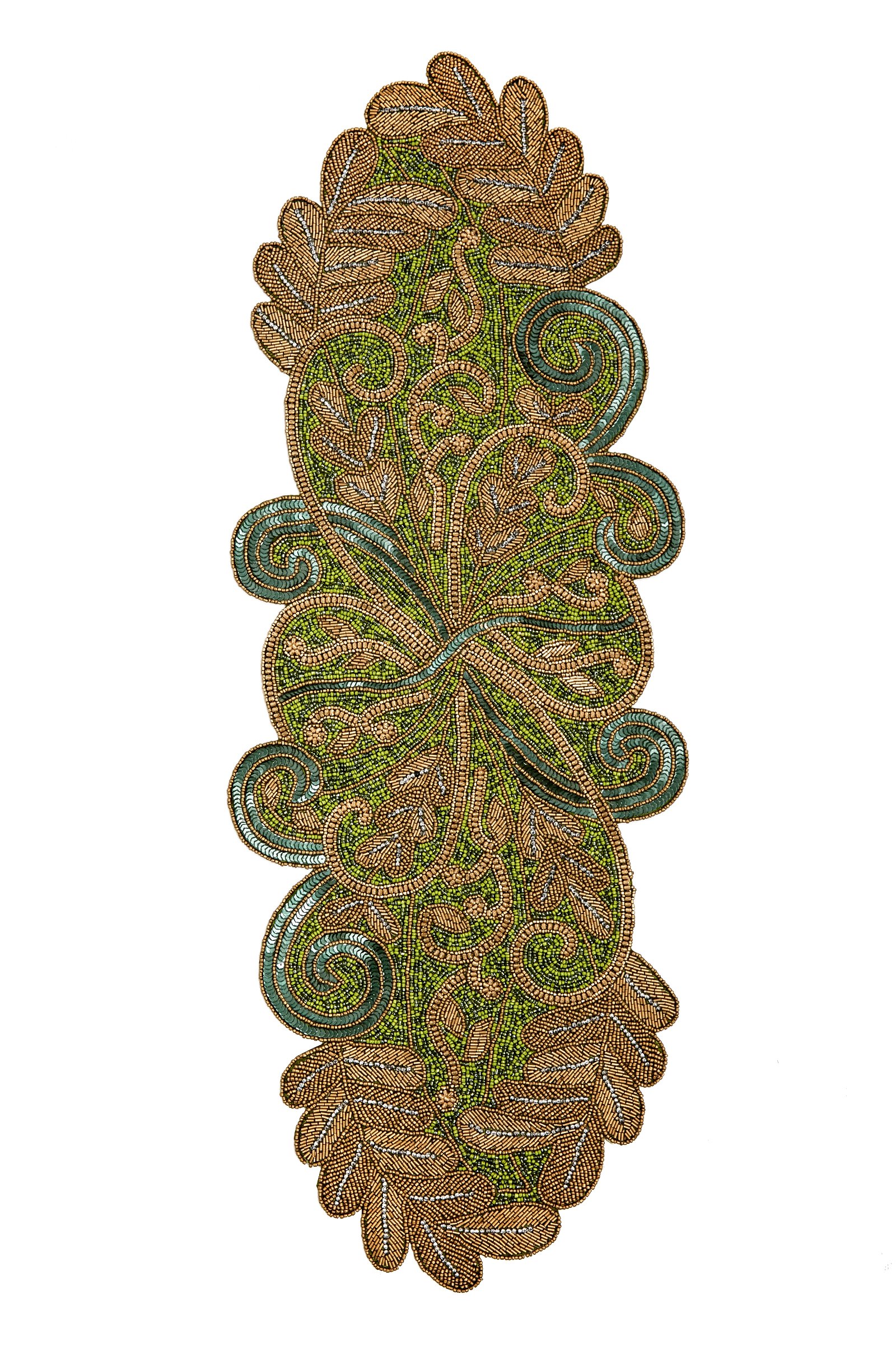 Cotton Craft Scrolling Leaves Hand Beaded Table Runner GreenGold