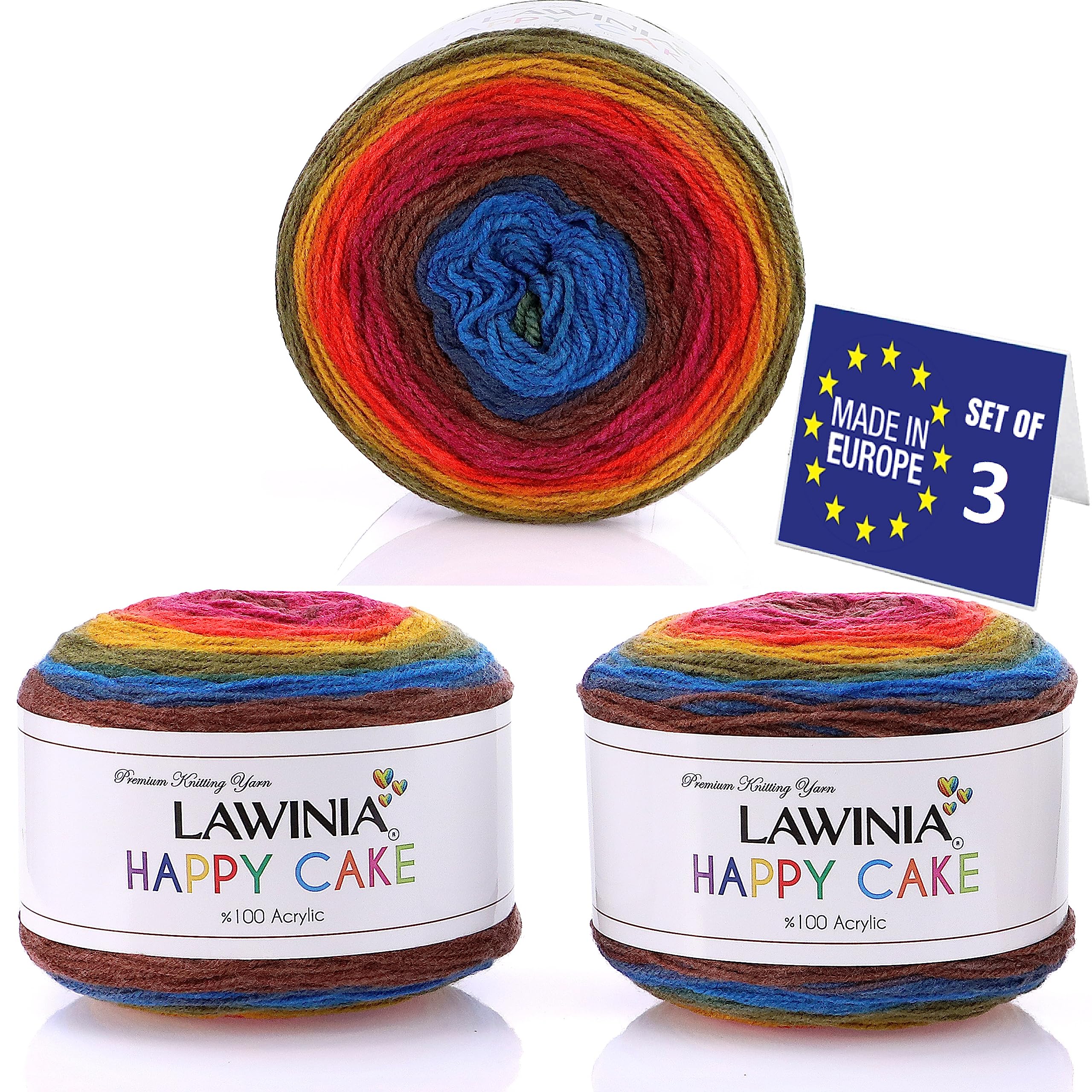 LAWINIA Happy Cake Premium Rainbow Yarn DK, Pack of 3 Each 150g - 530m Cake DK Knitting Yarn, Gradient Rainbow Wool for Knitting, Multicoloured Wool