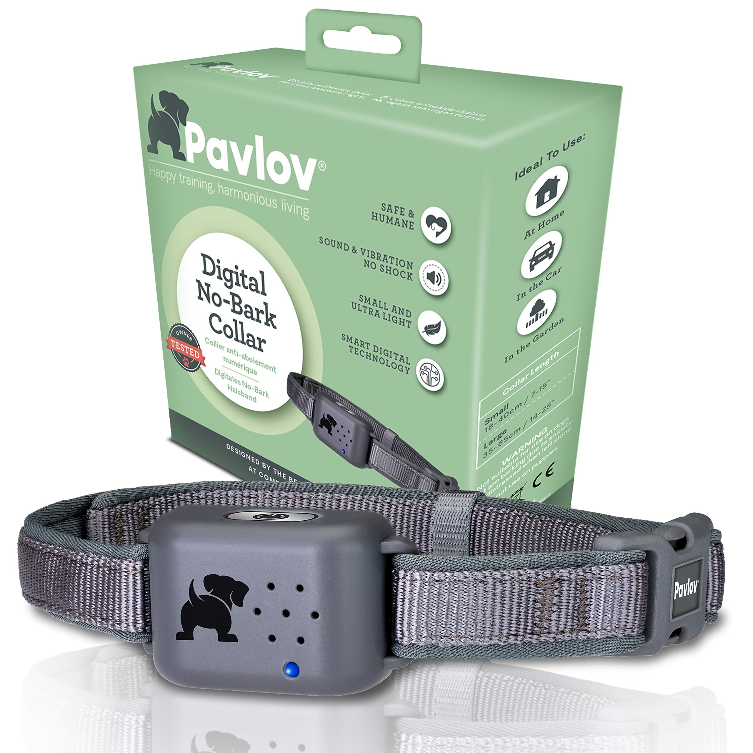 Pavlov Digital Anti Bark Collar, deterrent device to stop dogs barking, no shock only sound & vibration, safe & humane, no bark training for small medium & large dogs, water resistant and lightweight