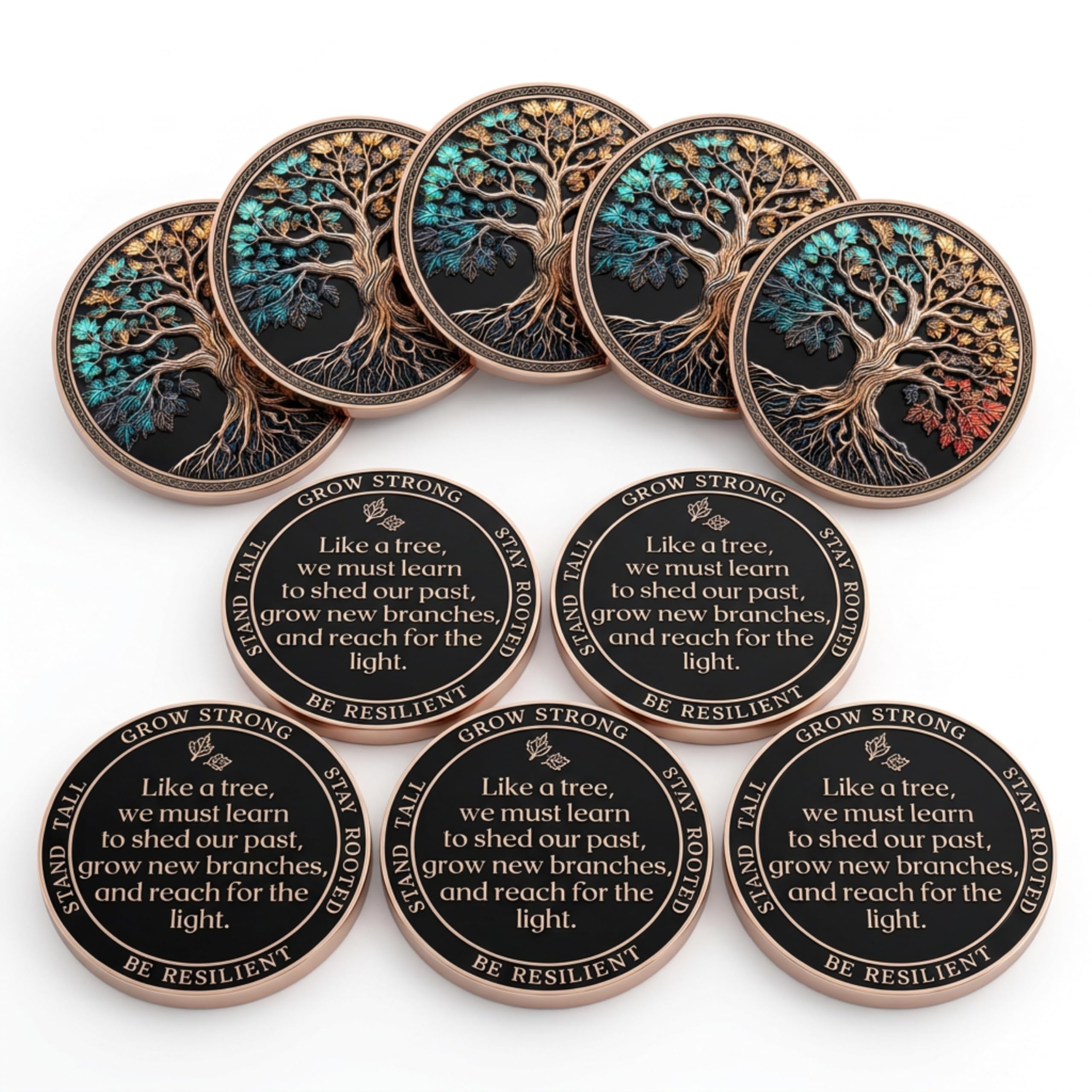 Milestone Mint Affirmation Sobriety Coin Set 10 PK - Tree of Life Anniversary Sobriety Gifts for Men & Women | AA Coins and Medallions w/Token, 3D Texture, Recovery Sober Chips | Bulk Pack Discount Image