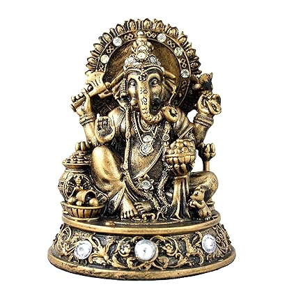 Sacred Blessings Handcrafted Lord Ganesha Statue Antique Finish 14 cm(H) X 10.7 cm(Base Diameter) Idol Gift Showpiece Home Decor
