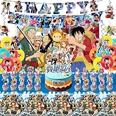 46PCS One Piece Birthday Party Supplies:Luffy Banner, Cake Topper, Tablecloth, Backdrop, Cupcake Toppers, Balloons, Aluminum Balloons