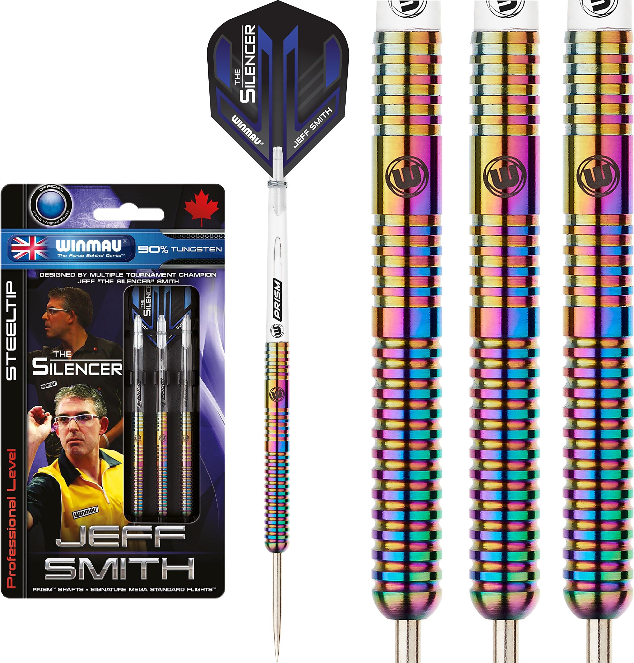 WINMAU 21g 23g 25g Jeff Smith 'The Silencer' 90% Tungsten Darts Set, flights, stems & case
