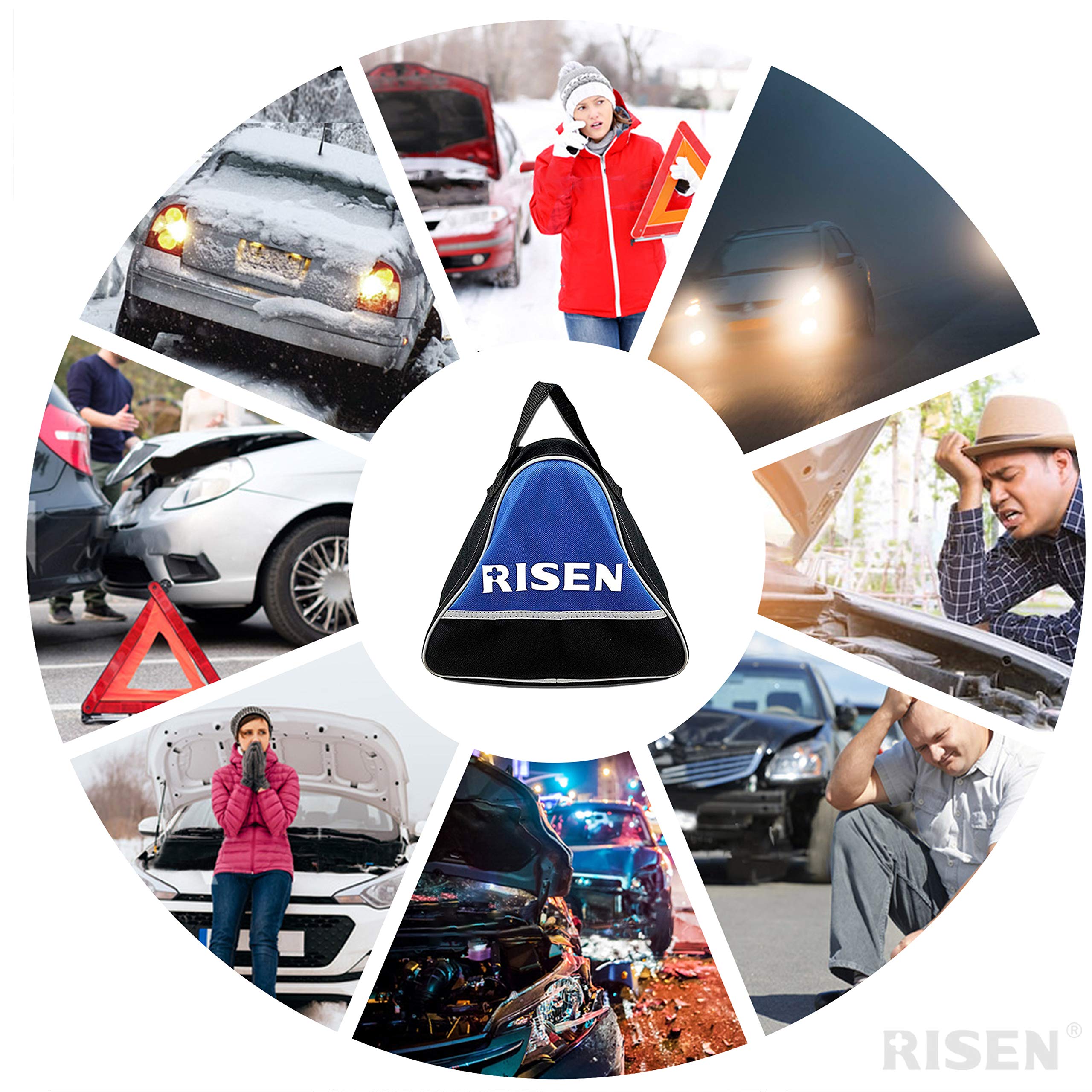 RISEN Roadside Car Emergency Kit/Auto Assistance Kit/Road Travel First Aid Kit with Jumper Cables,Reflective Warning Triangle,Tire Gauge,Emergency Hammer and more for Car or Truck