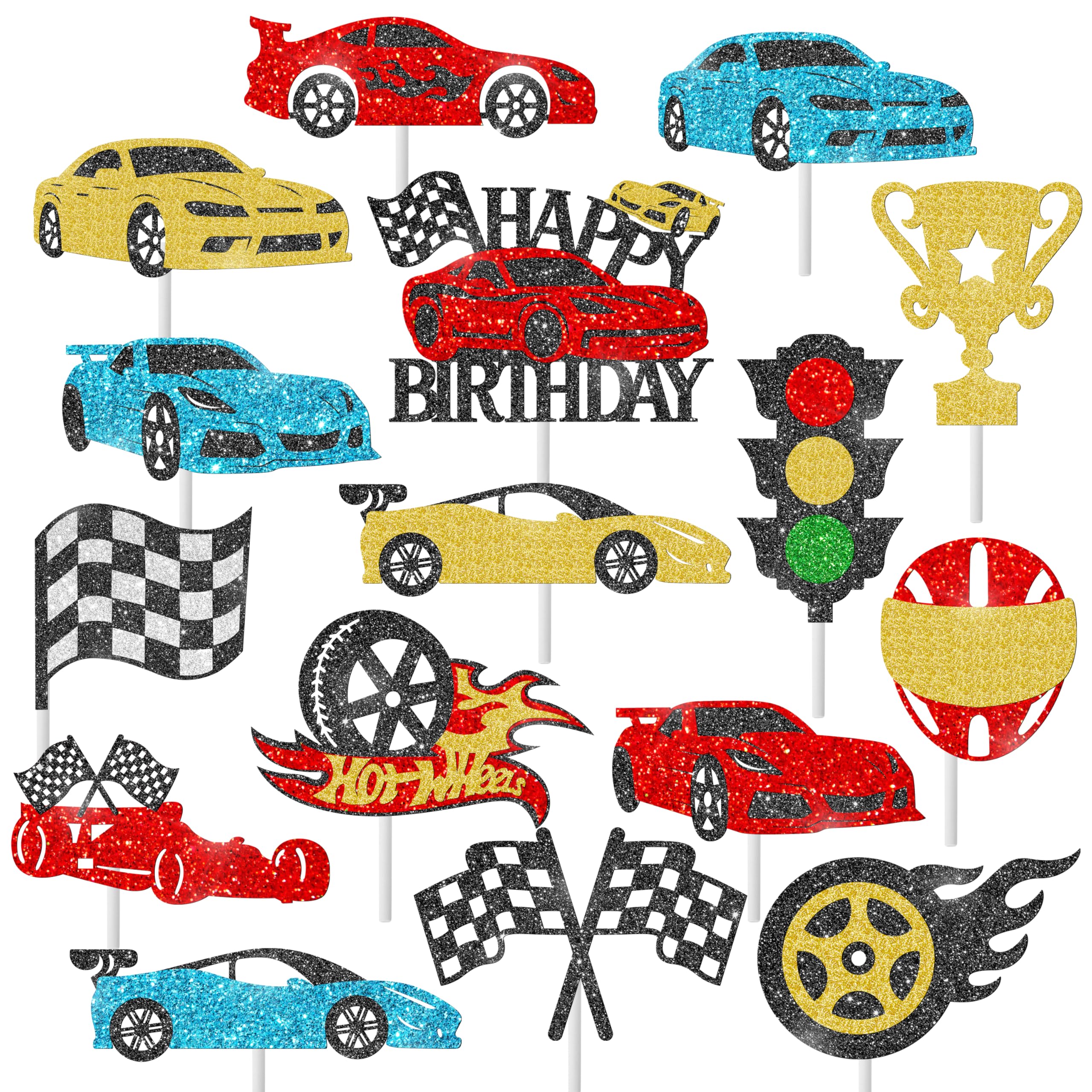 Photo 1 of 30Pcs Race Car Cupcake Toppers Glitter Racing Car Cupcake Toppers Sticks Checkered Racing Birthday Party Decorations for Race Car Theme Birthday Party Baby Shower Supplies