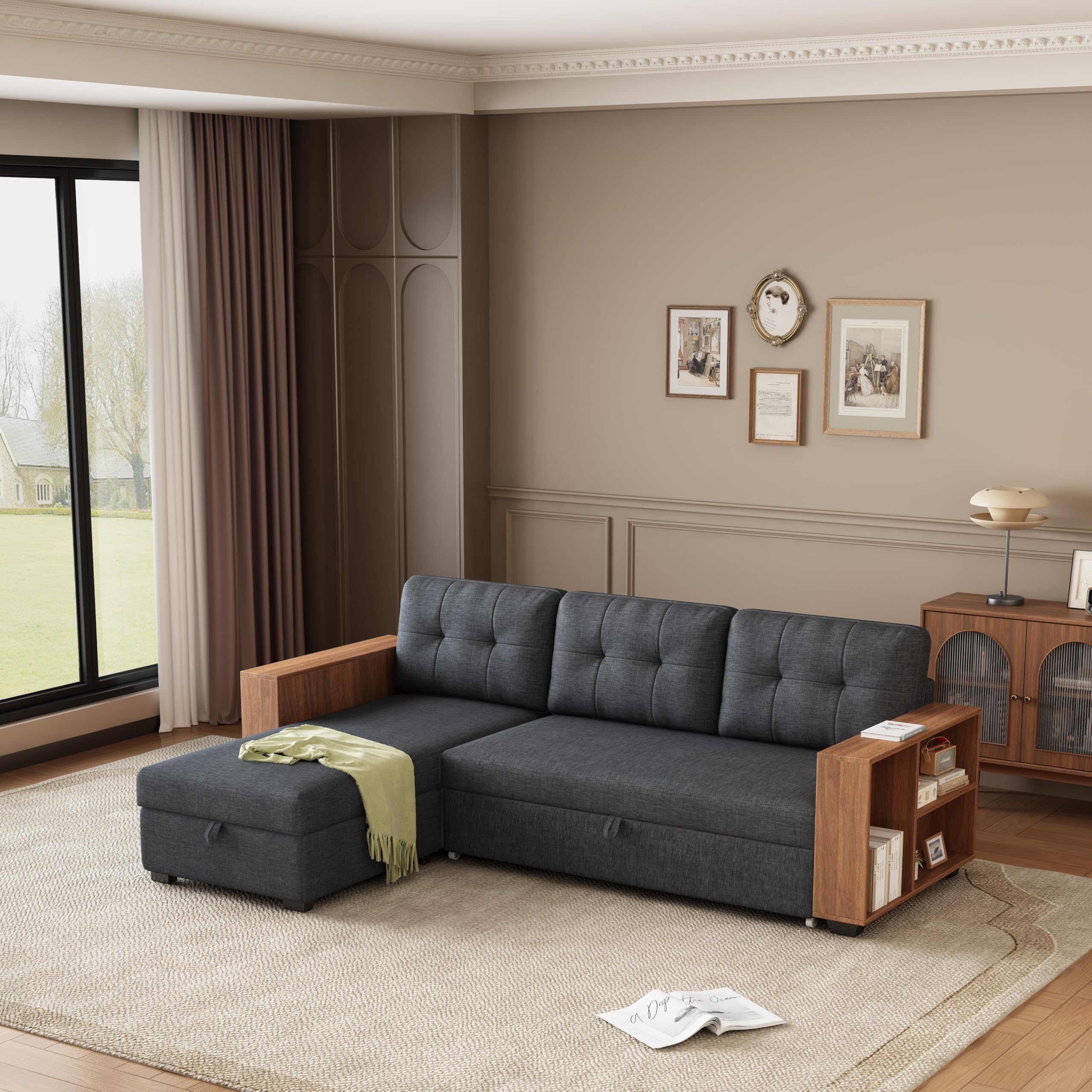 ACQCA 84" L Shaped Pull Out Couch Bed with Storage Chaise,Convertible ...